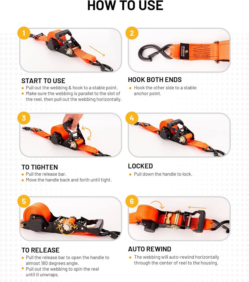 Strapinno 2PCs Retractable Ratchet Tie-Down Straps,5,000 lbs Break Strength- 2 in x 12 ft Heavy Duty Ratchet Strap with Safety Lock S Hooks for Motorcycles, ATVs, UTVs, Lawn Equipment & Cargo-Orange - Image 4